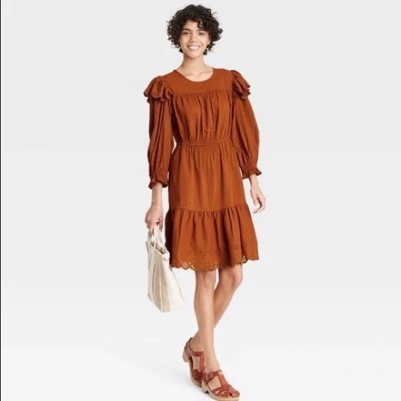 Universal Thread Rust Ruffle Long Sleeve Ruffle Dress - Picture 3 of 14